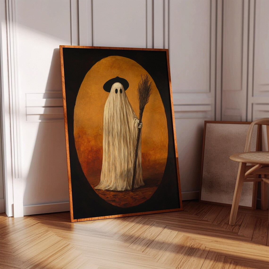 Vintage Ghost Witch With Broom Halloween Oval Portrait Poster - Image 3