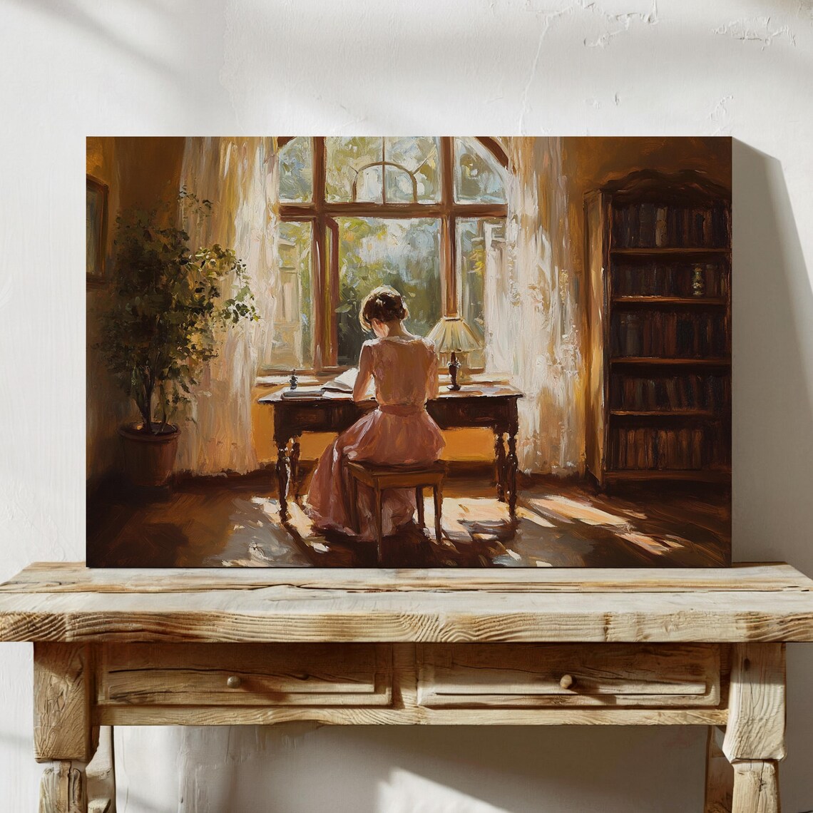 Woman Writing at Desk Before Sunlit Window Romantic Library Poster - Image 4