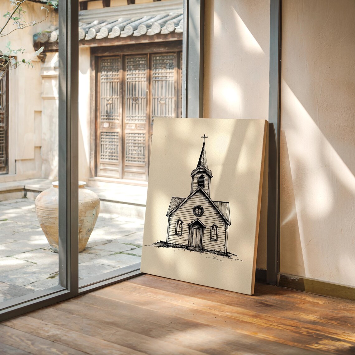 Vintage Church Ink Drawing, Rustic Chapel Sketch - Image 4