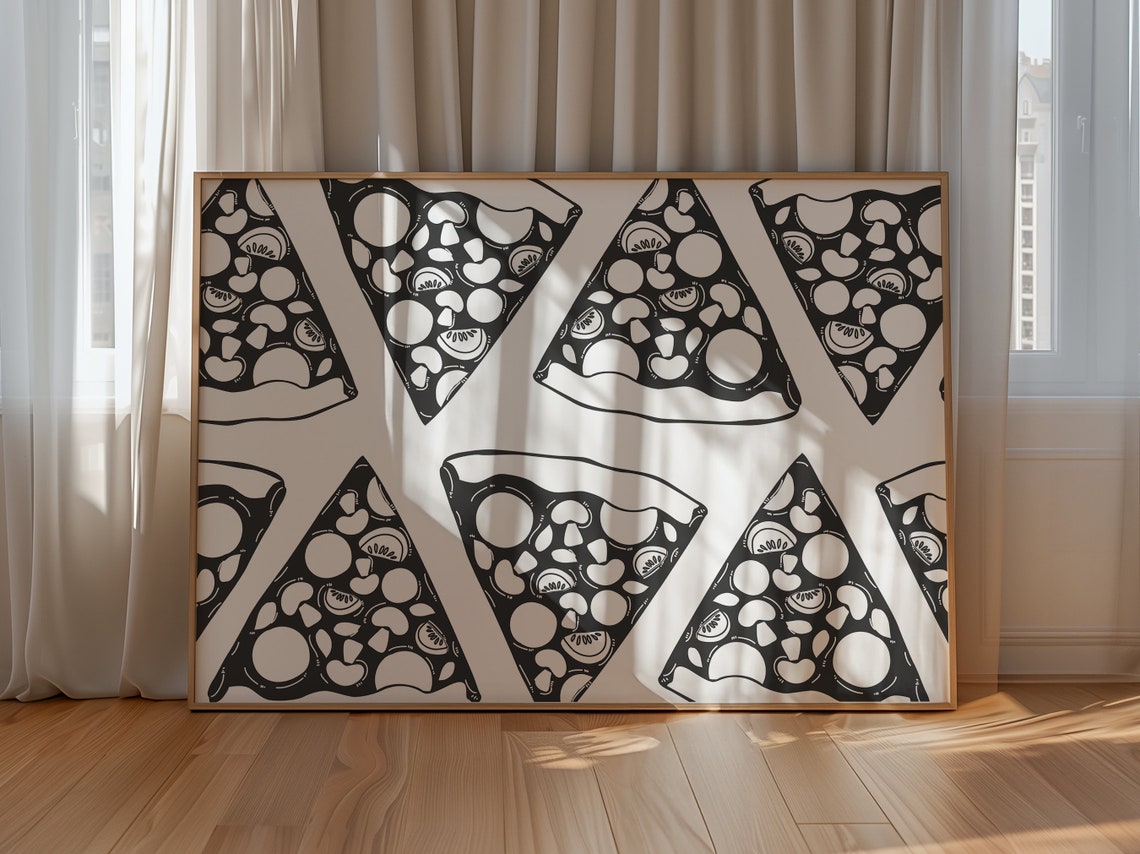Pizza Slice Repeat Pattern Black Line Art Kitchen Wall Decor Poster - Image 4
