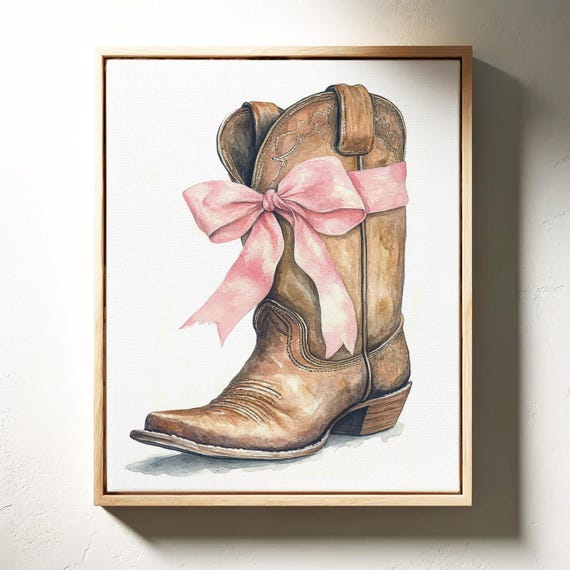 Rustic Watercolor Cowboy Boot With Pink Bow Western Inspired Artwork For Country Home Decor And Charming Gift Ideas