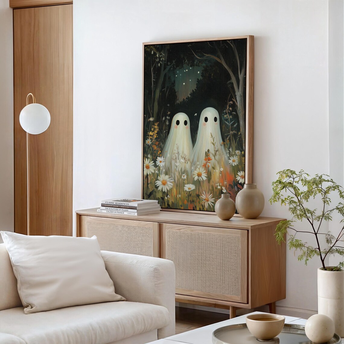 Playful Ghosts In Moonlit Wildflower Meadow Cute Spooky Halloween Poster - Image 3