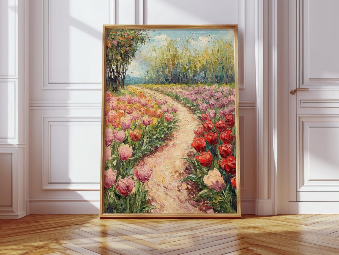 Colorful Tulip Field Pathway, Impressionist Landscape - Image 2