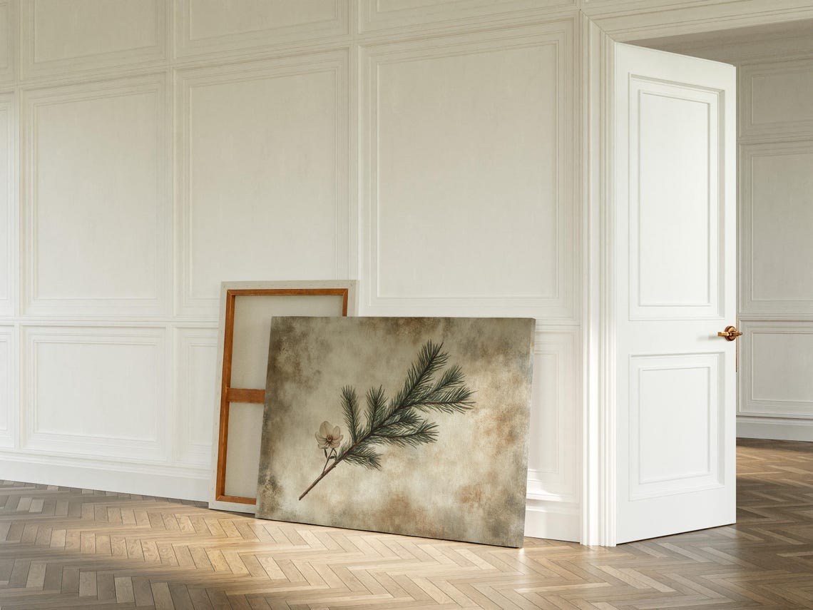 Vintage Botanical Pine Branch With White Flower Aged Paper Print - Image 5