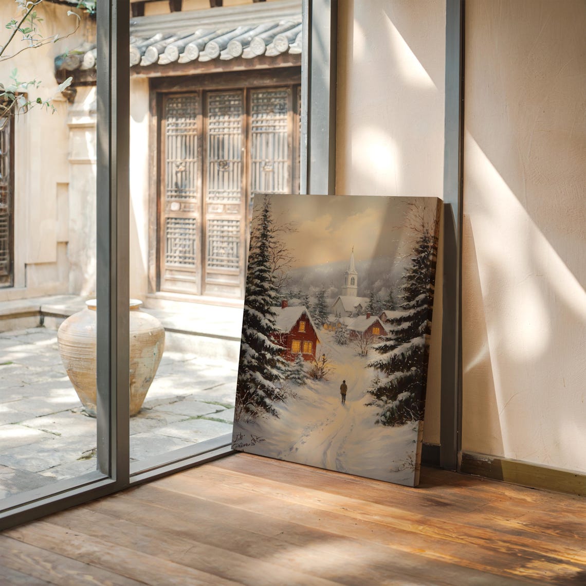 Snowy Village Christmas, Winter Cabin Scene Art Print - Image 4