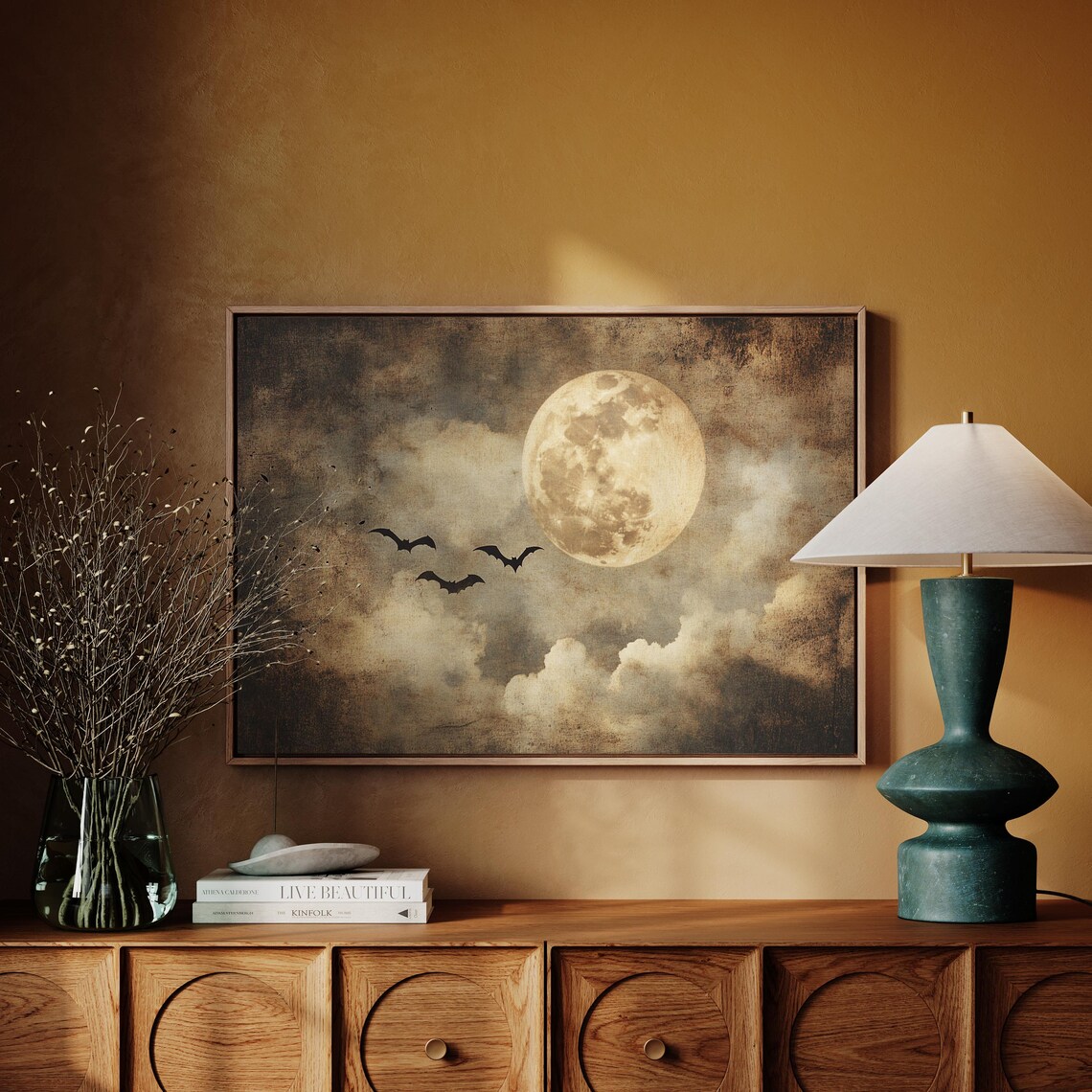 Vintage Full Moon Night Sky Flying Bats Spooky Halloween Gothic Print - Image 4
