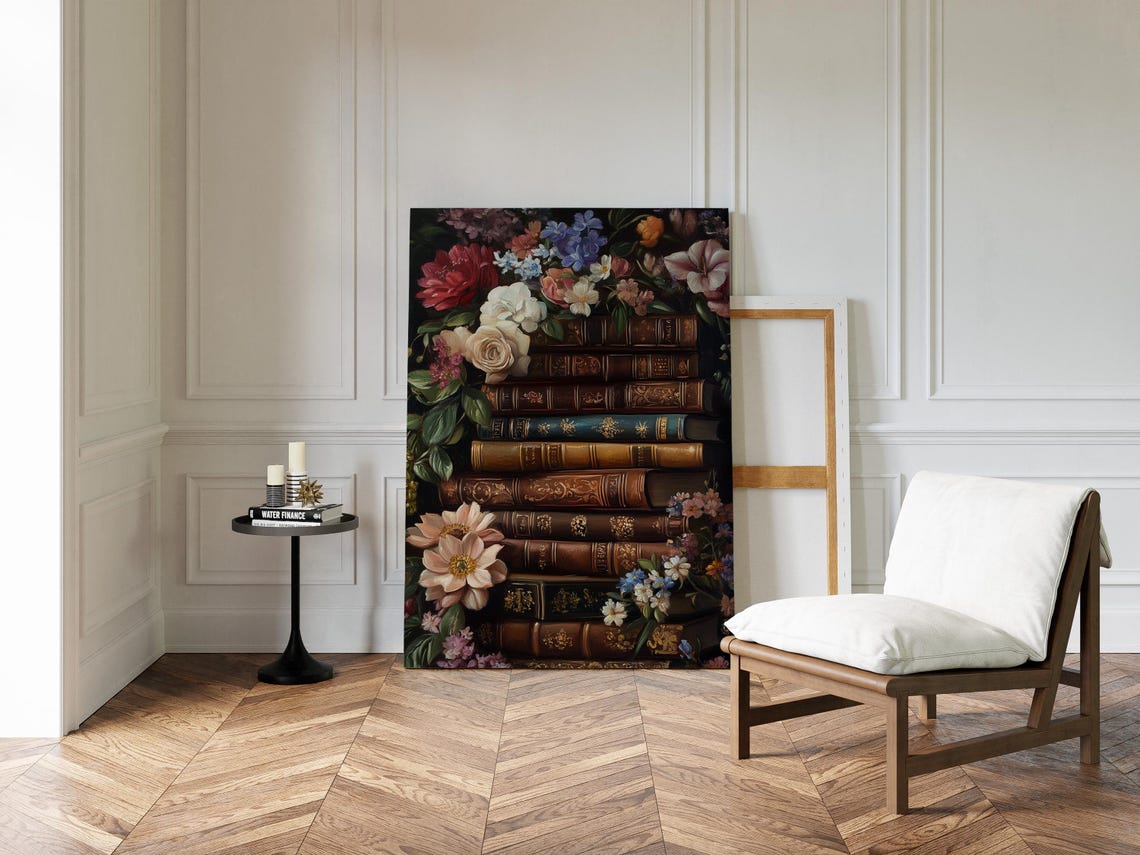 Vintage Book Tower Surrounded By Lush Florals Library Art Print - Image 2