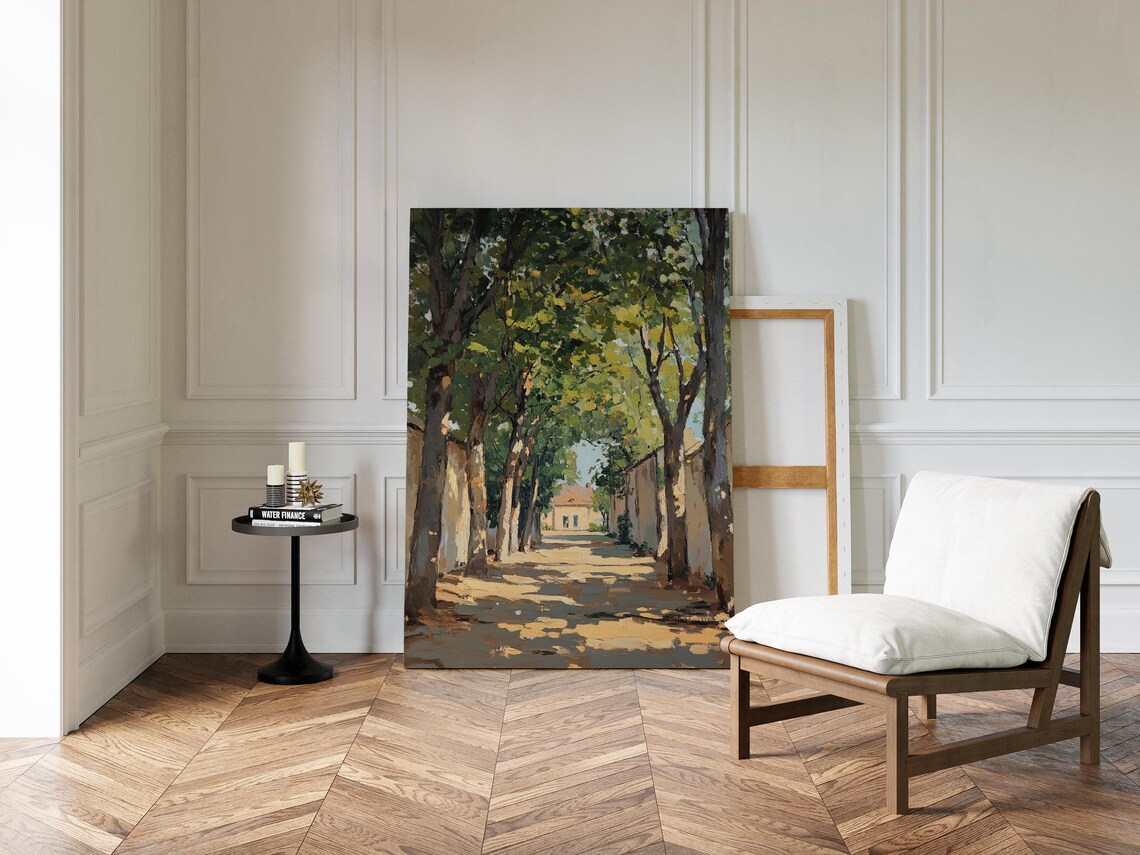 Serene Tree Lined Pathway Oil Painting With Rustic Charm For Elegant Wall Decor And Nature Inspired Home Accents Wall Art Print - Image 2