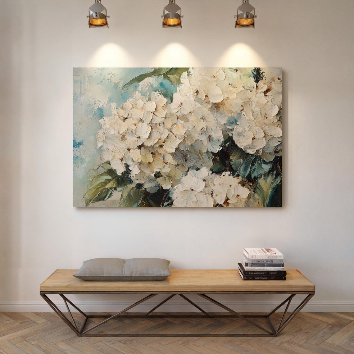 White Hydrangea Bloom Textured Impasto Blue Green Floral Art Print - Image 4