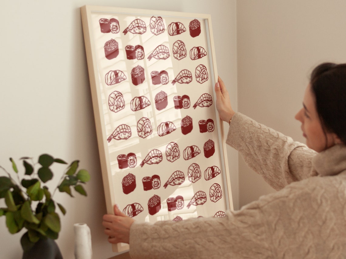 Retro Sushi Pattern Rows Red Cream Japanese Kitchen Wall Print - Image 2