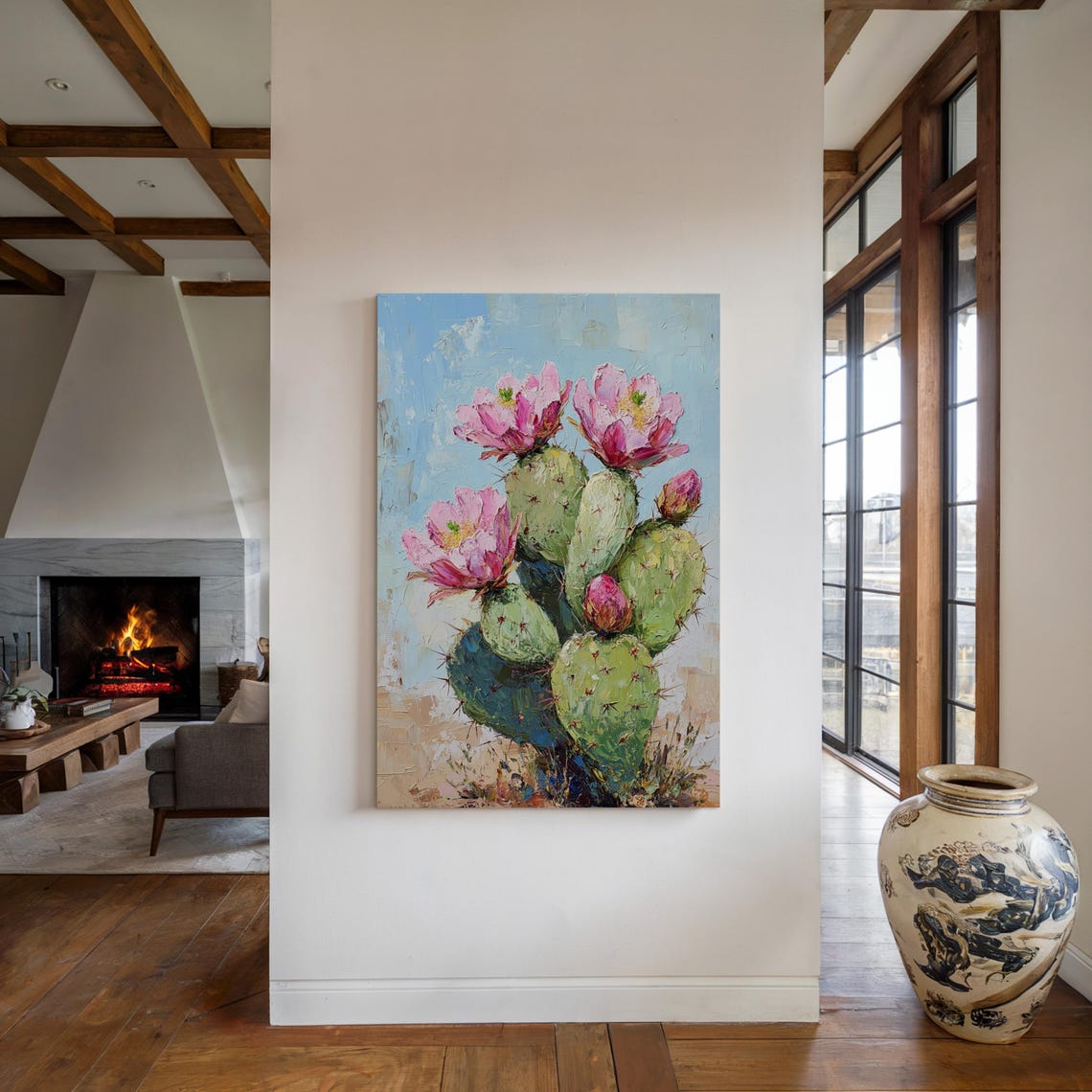 Prickly Pear Cactus Pink Blooms Impasto Desert Floral Wall Print - Image 2