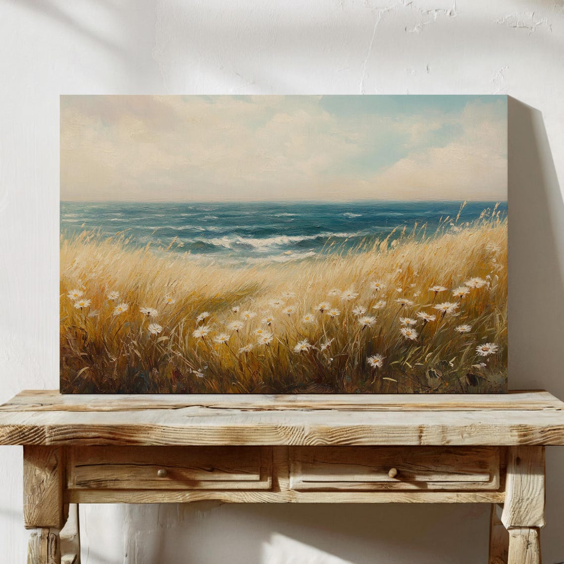 Golden Beach Grasses And White Daisies Windy Ocean Shore Art Poster - Image 3