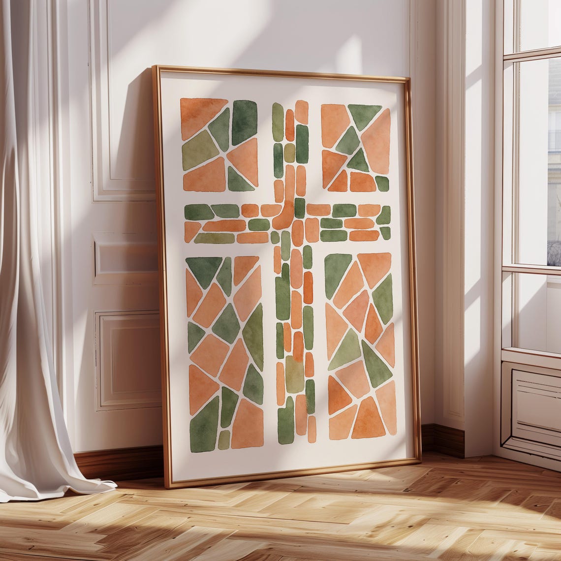 Geometric Mosaic Cross Watercolor Print Earth Tone Abstract Christian Art Modern Faith Wall Decor For Home Church Or Study - Image 4