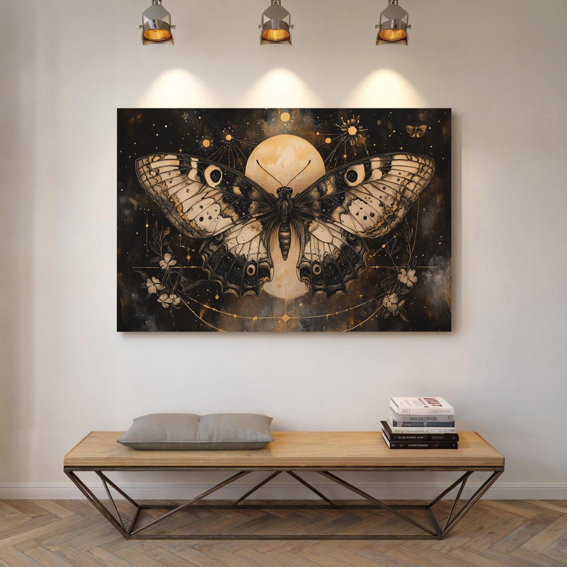 Celestial Moth Full Moon Cosmic Gold Dark Mystical Art Poster - Image 2