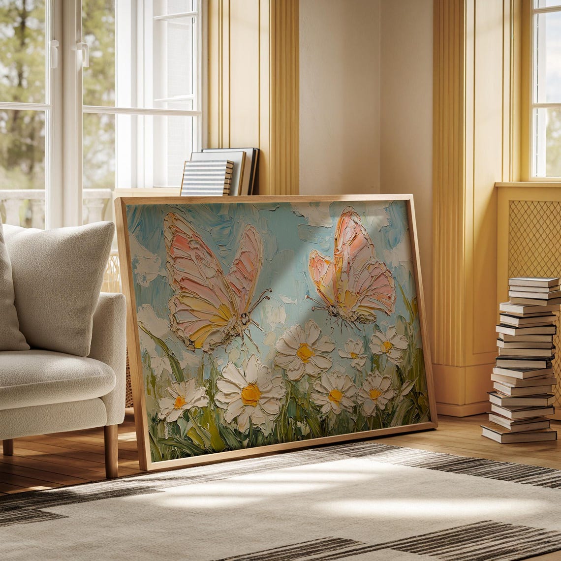 Peach Butterflies Over White Daisies Impasto Floral Painting Print - Image 3