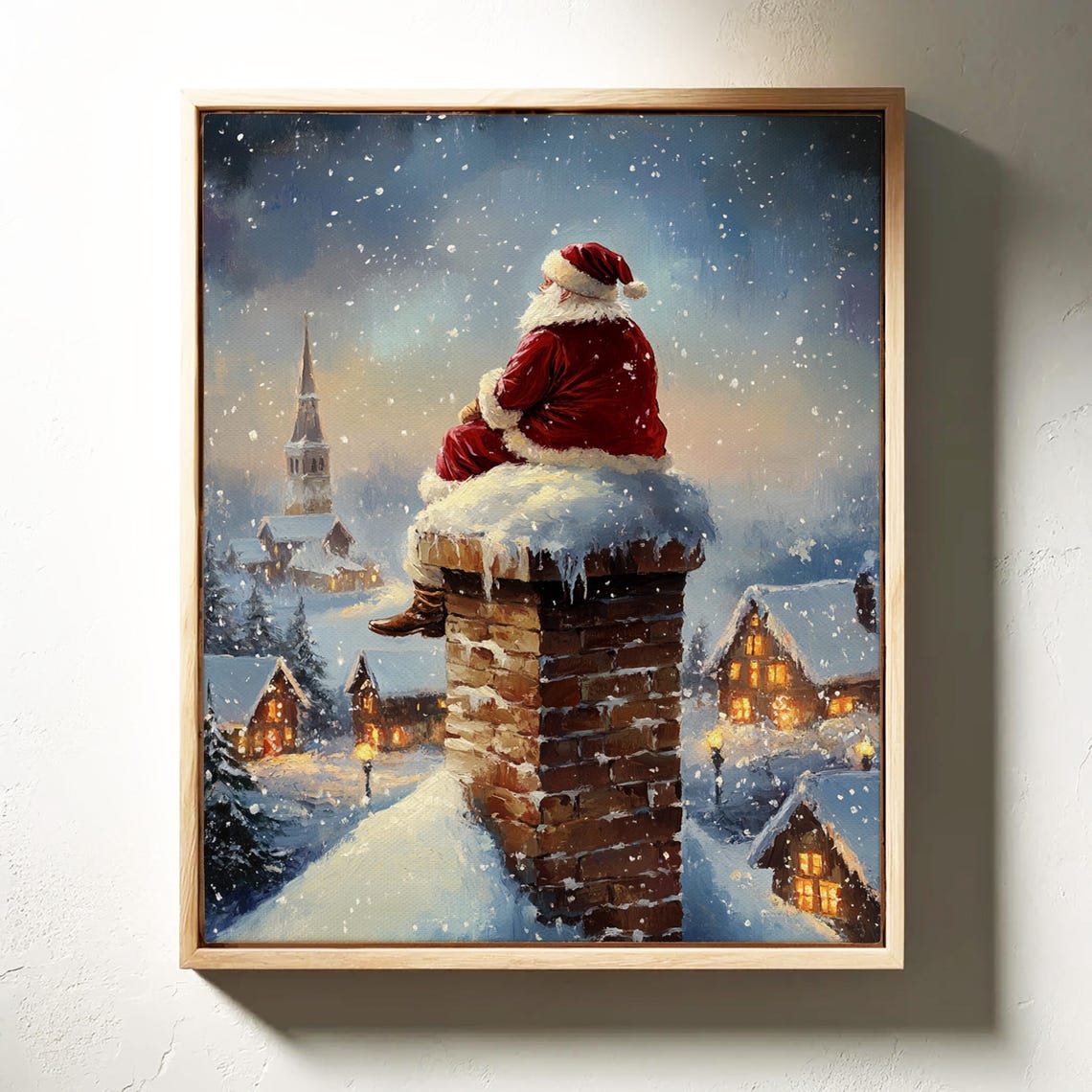Santa Sitting On Snowy Chimney Above Glowing Village Christmas Poster - Image 2
