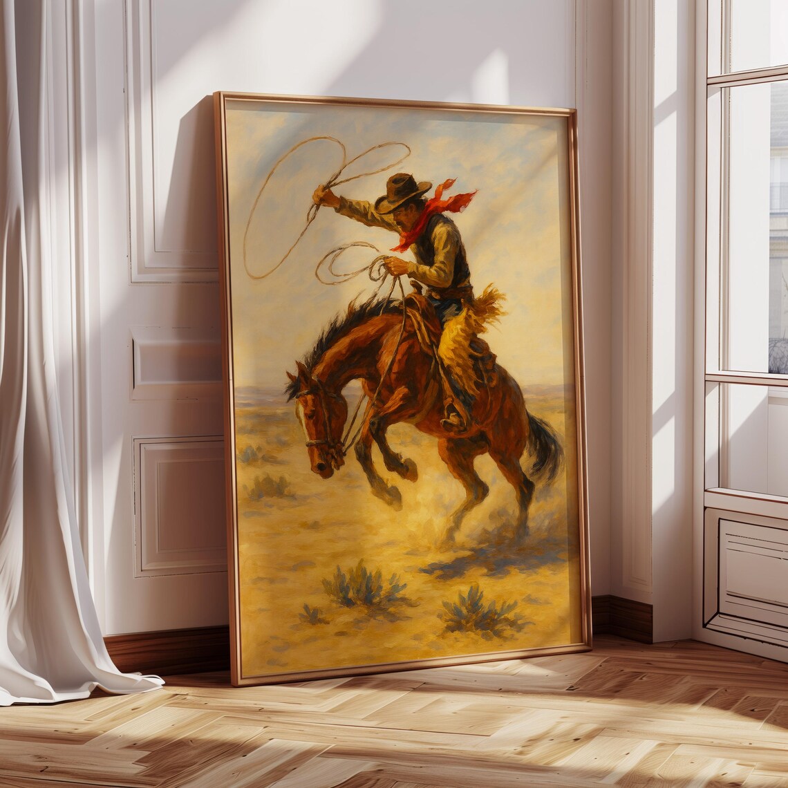 Wild West Cowboy Roping on Horse, Western Rodeo Art Print - Image 5