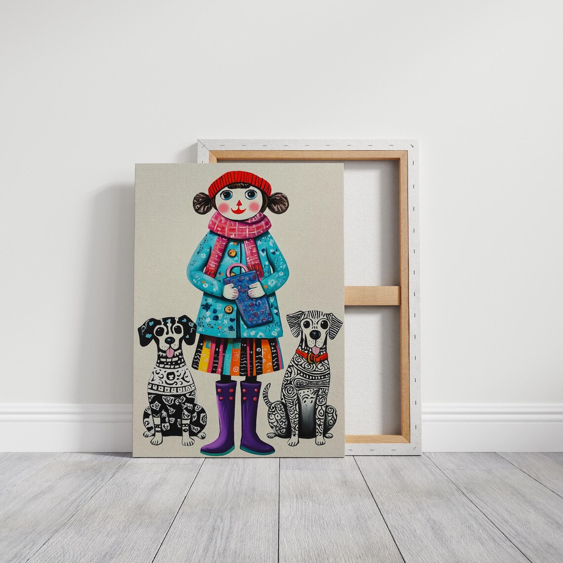 Whimsical Girl With Two Dalmatian Dogs Colorful Folk Art Kids Poster - Image 5