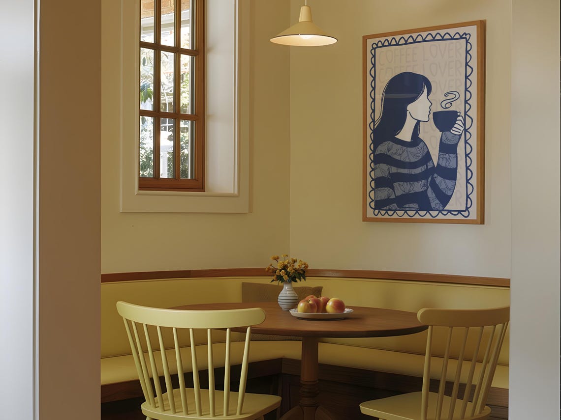 Coffee Lover Navy Blue Woman Drinking Coffee Floral Kitchen Wall Art - Image 2