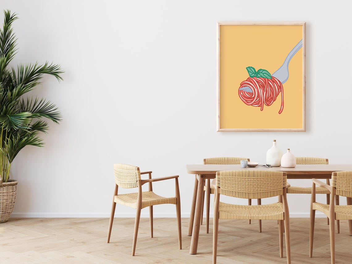 Spaghetti Fork Twirl Basil Red Yellow Whimsical Italian Kitchen Poster - Image 2