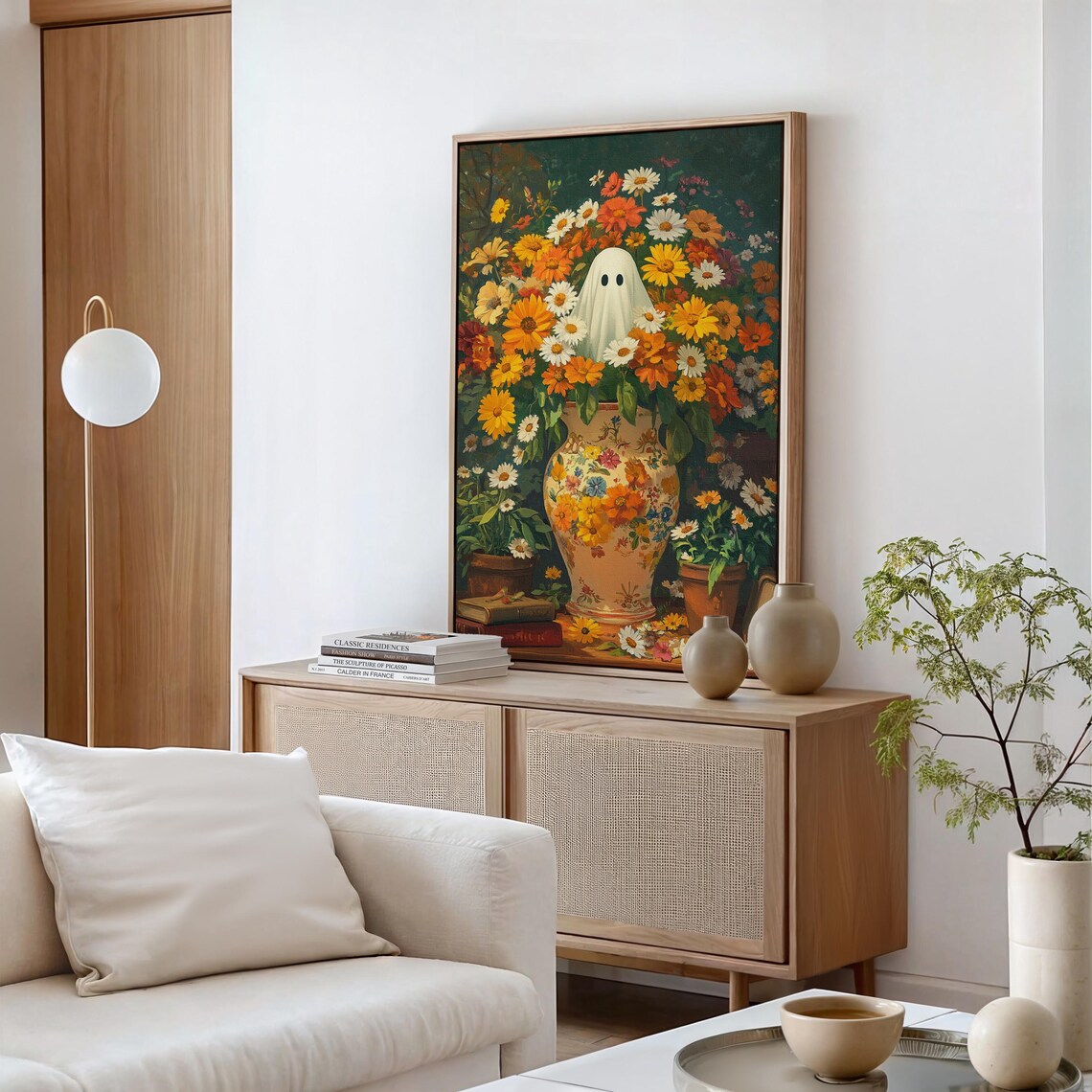 Ghost In Autumn Flower Vase Playful Halloween Floral Wall Art - Image 4