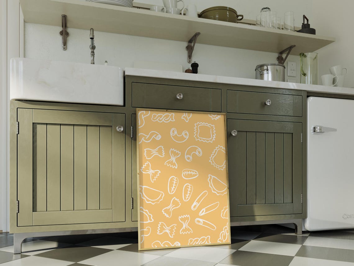 White Pasta Shapes Outline Mustard Yellow Playful Kitchen Wall Poster - Image 2