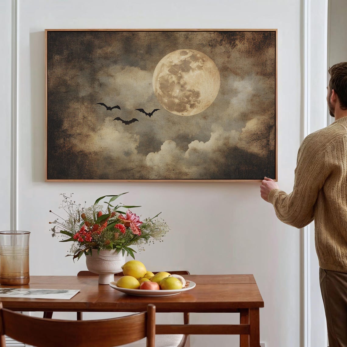 Vintage Full Moon Night Sky Flying Bats Spooky Halloween Gothic Print - Image 5
