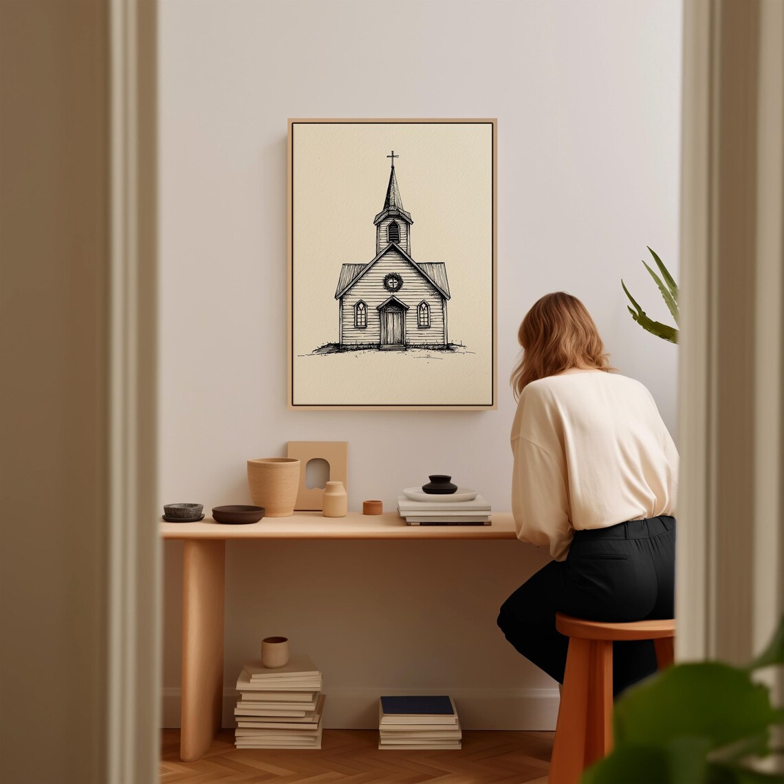 Vintage Church Ink Drawing, Rustic Chapel Sketch - Image 3