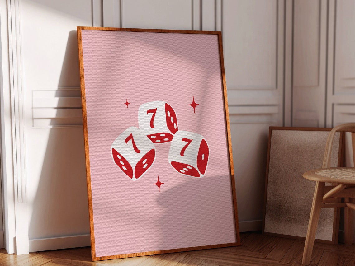 Retro Lucky Seven Dice Red Sparkles Blush Pink Fun Decor Poster - Image 2
