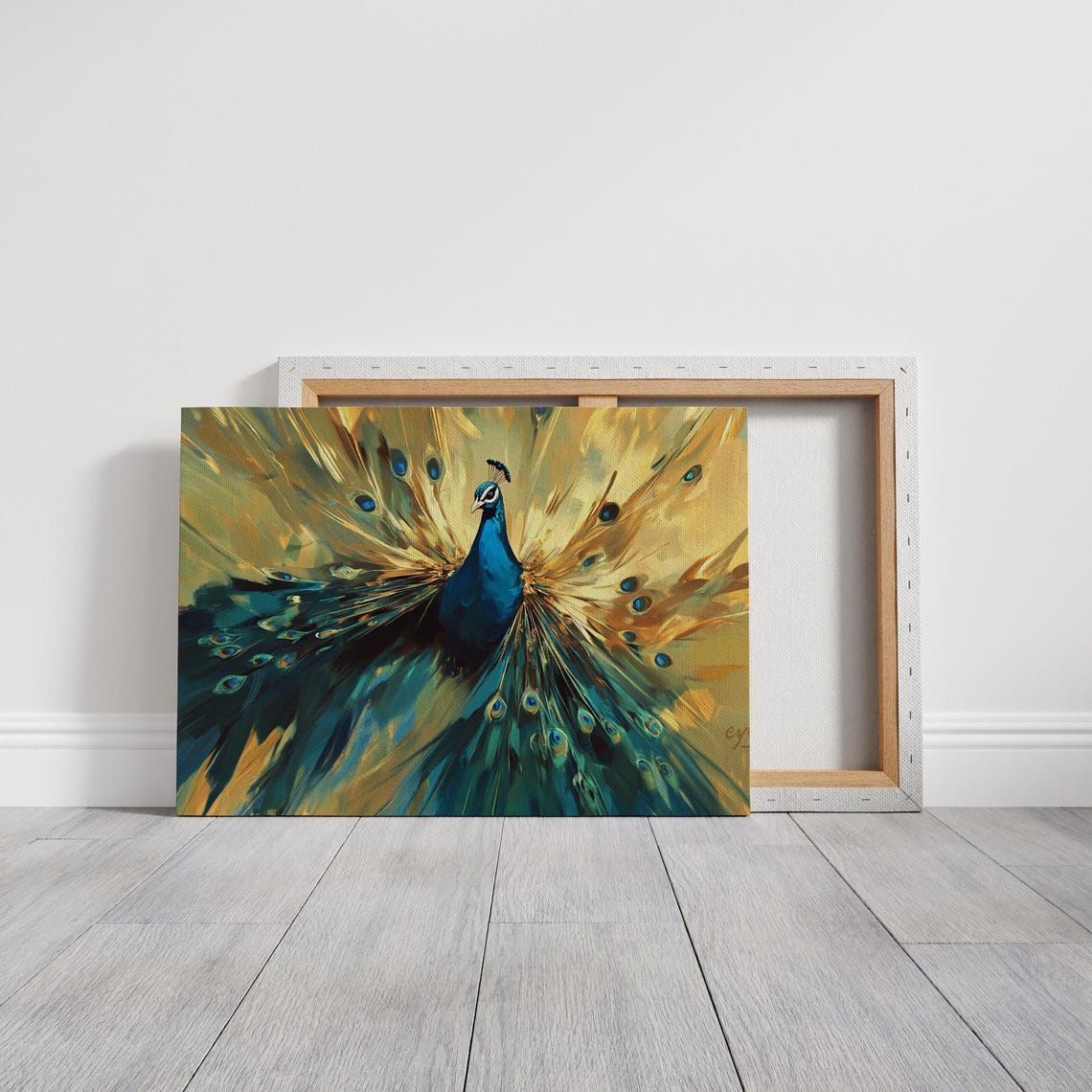 Bold Peacock Golden Teal Fanned Tail Striking Dramatic Bird Wall Art - Image 3