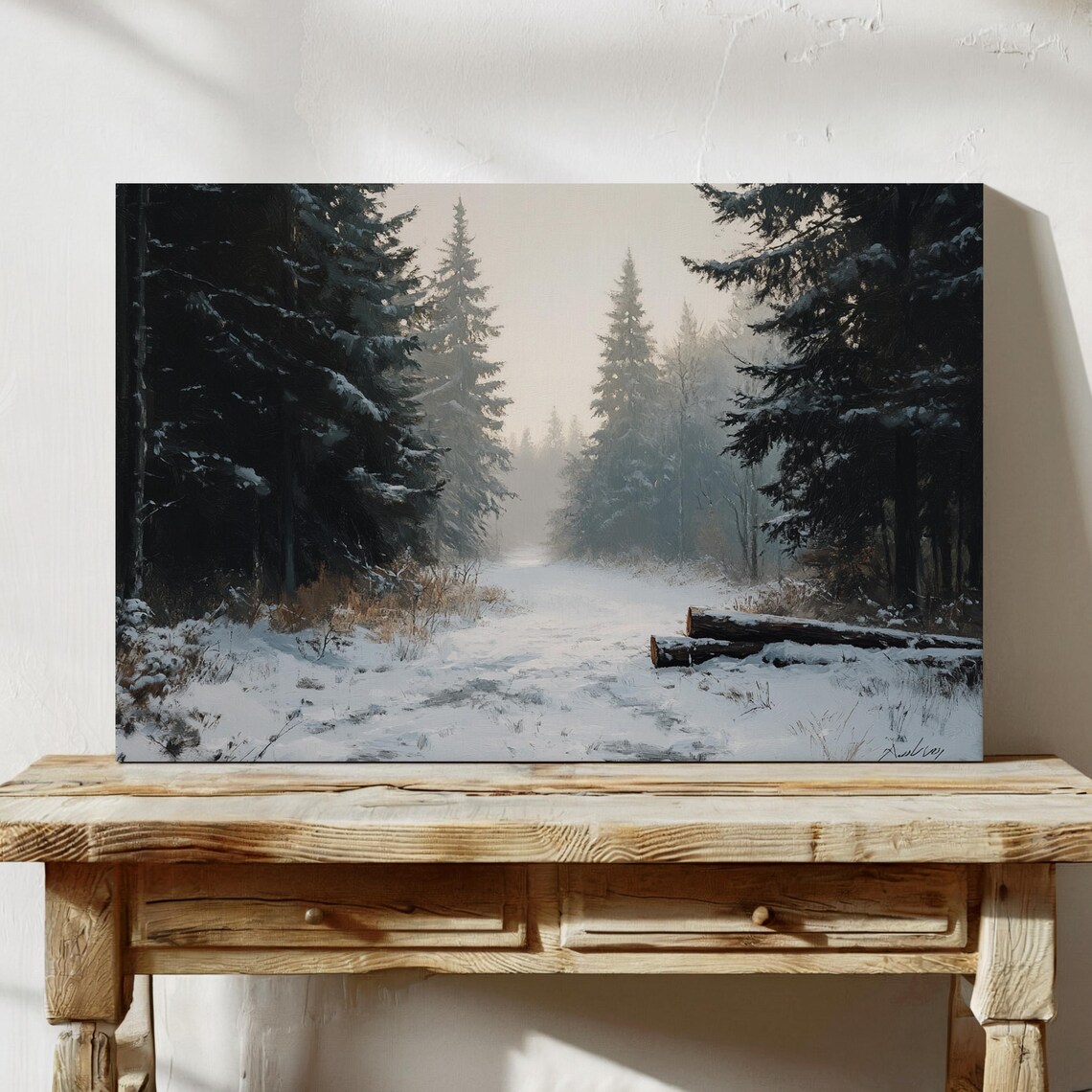 Winter Forest Path, Snowy Pine Tree Painting