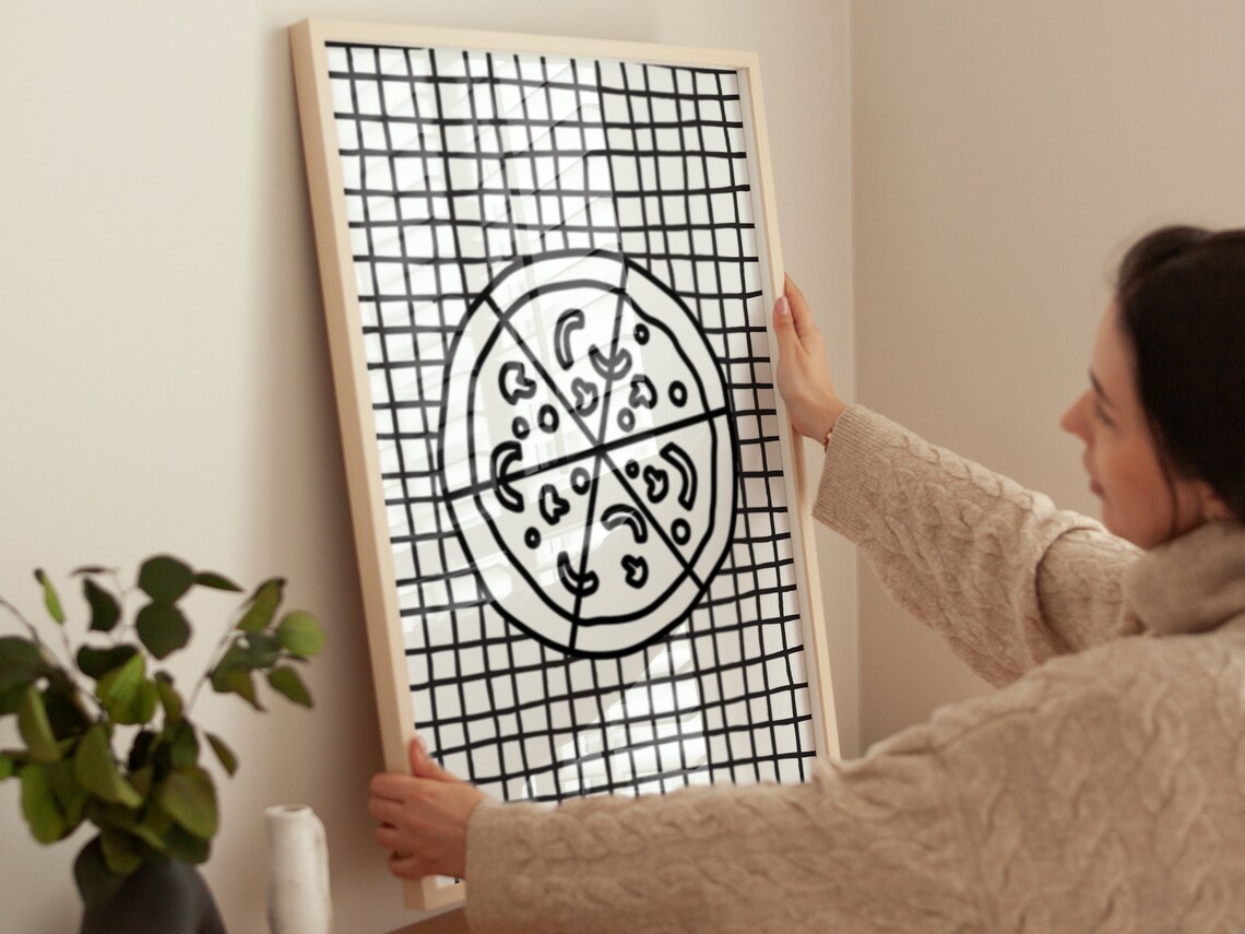 Hand Drawn Pizza Slice Black Grid Kitchen Fun Foodie Decor Poster - Image 4