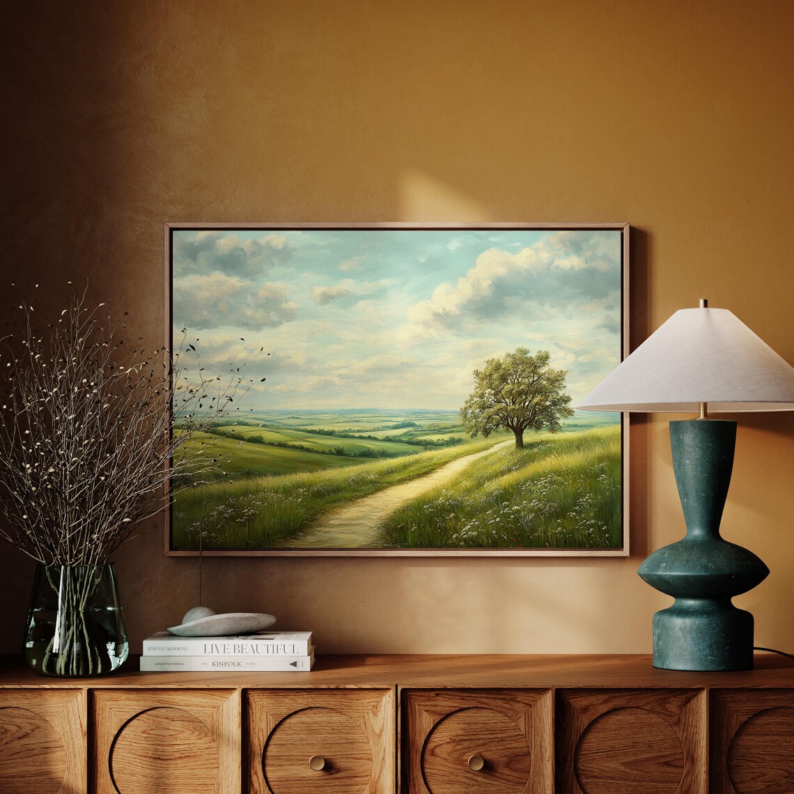 Sunny Countryside Path, Peaceful Tree Landscape Art Print - Image 5