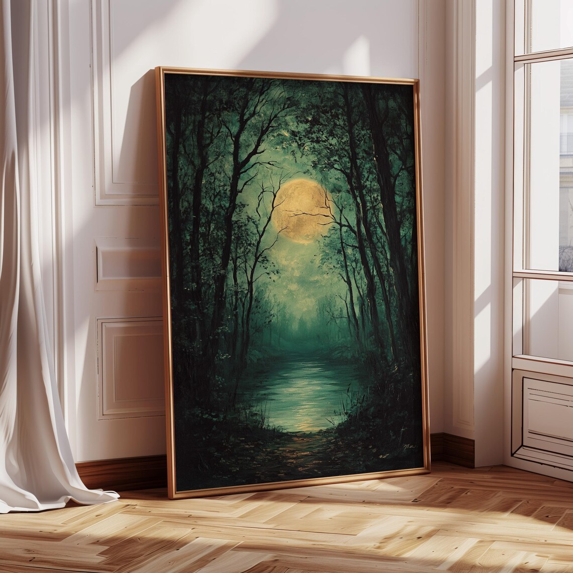 Golden Full Moon Over Forest River, Nocturnal Landscape - Image 3