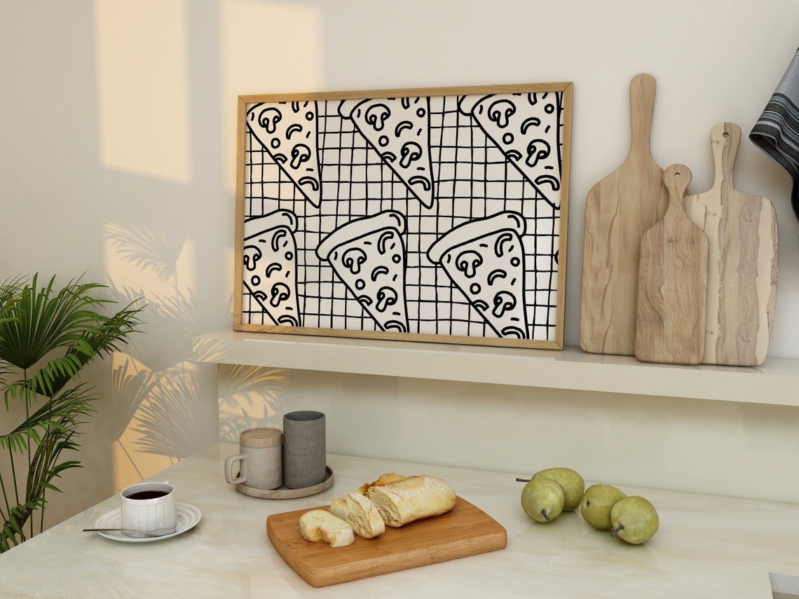 Pizza Slice Doodle Grid Pattern Black White Retro Kitchen Wall Art - Image 2