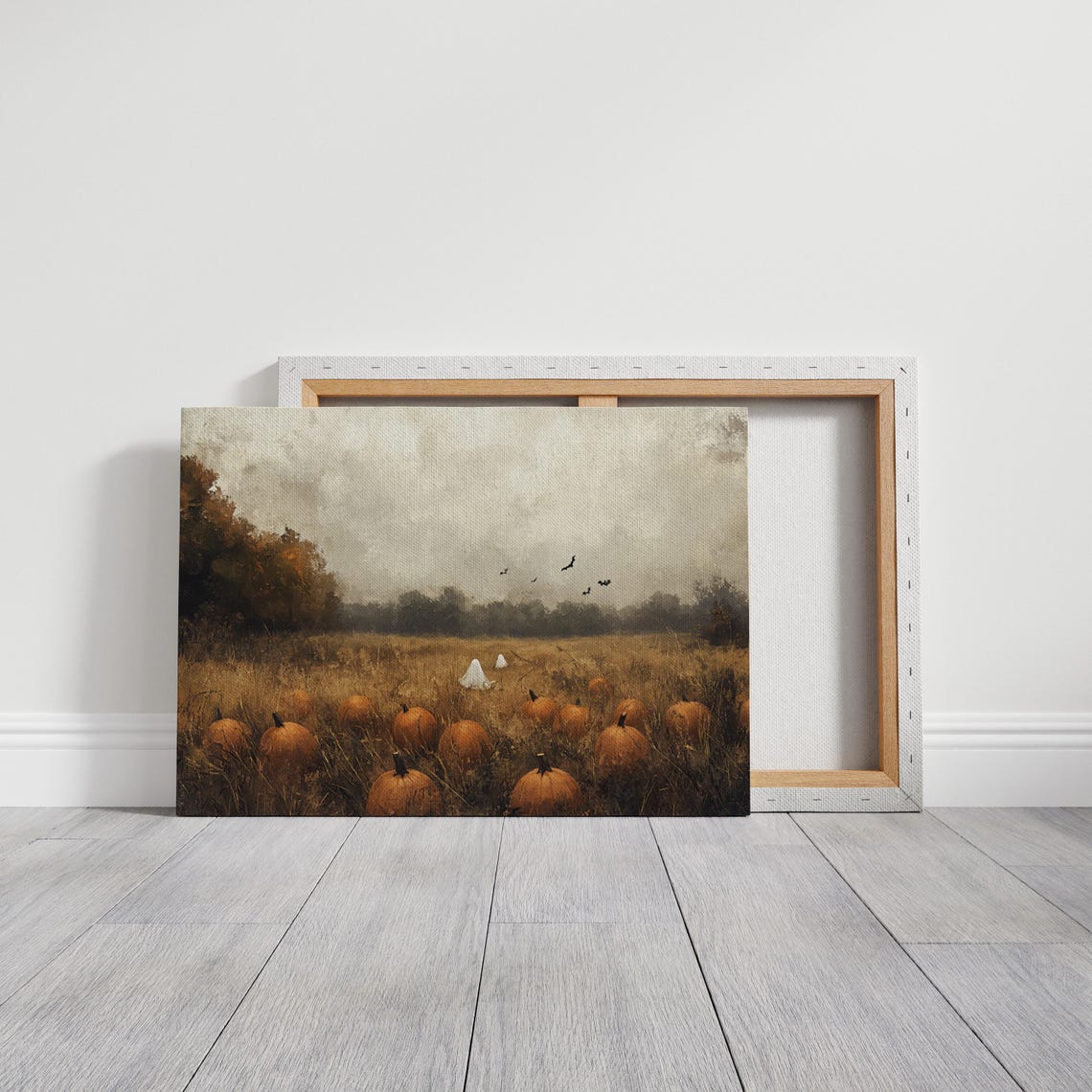 Ghost In Pumpkin Field Misty Autumn Landscape Halloween Wall Art - Image 5
