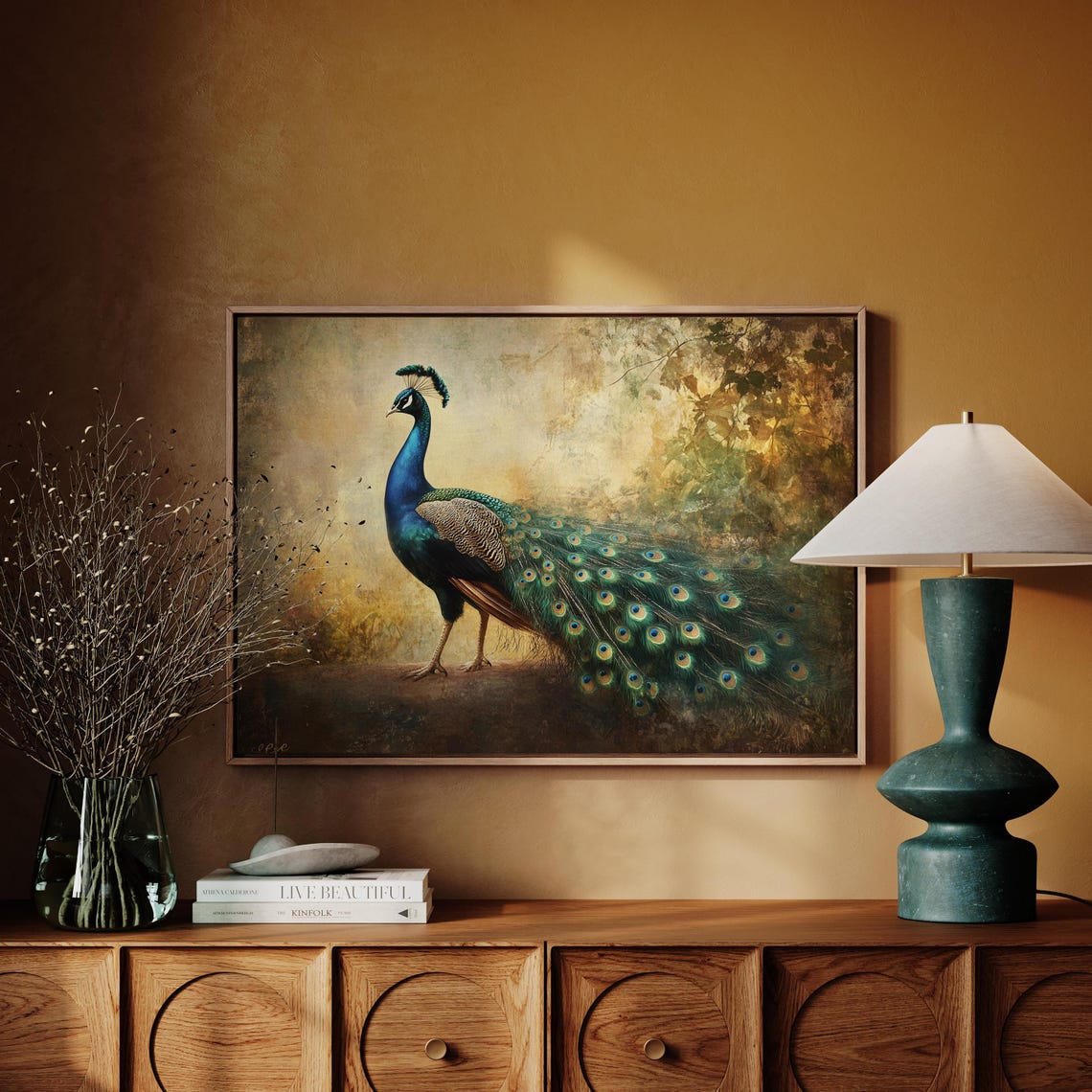 Elegant Peacock Standing Portrait Teal Blue Gold Bird Wall Art - Image 5