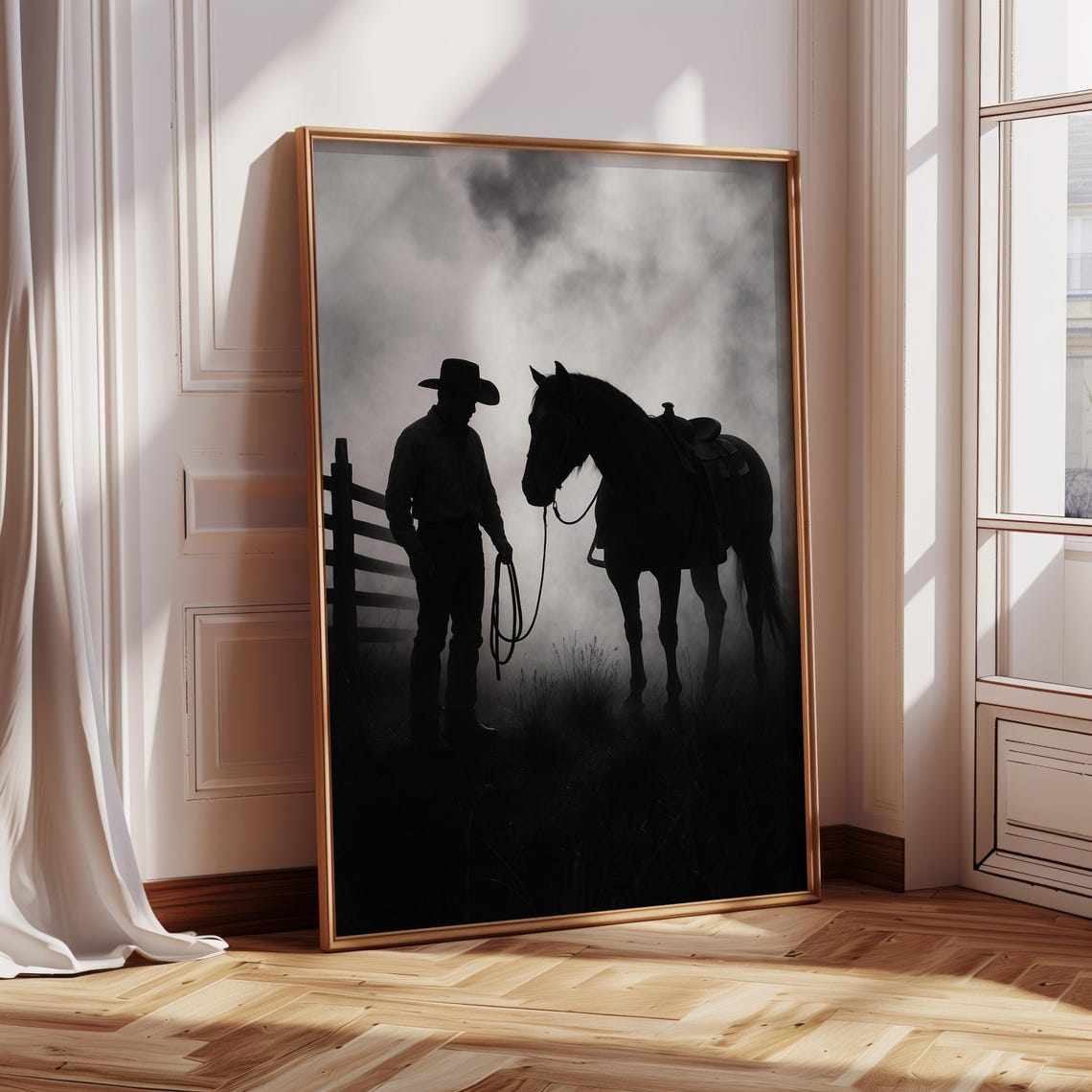 Cowboy And Horse Silhouette, Western Noir Ranch Art Print - Image 3