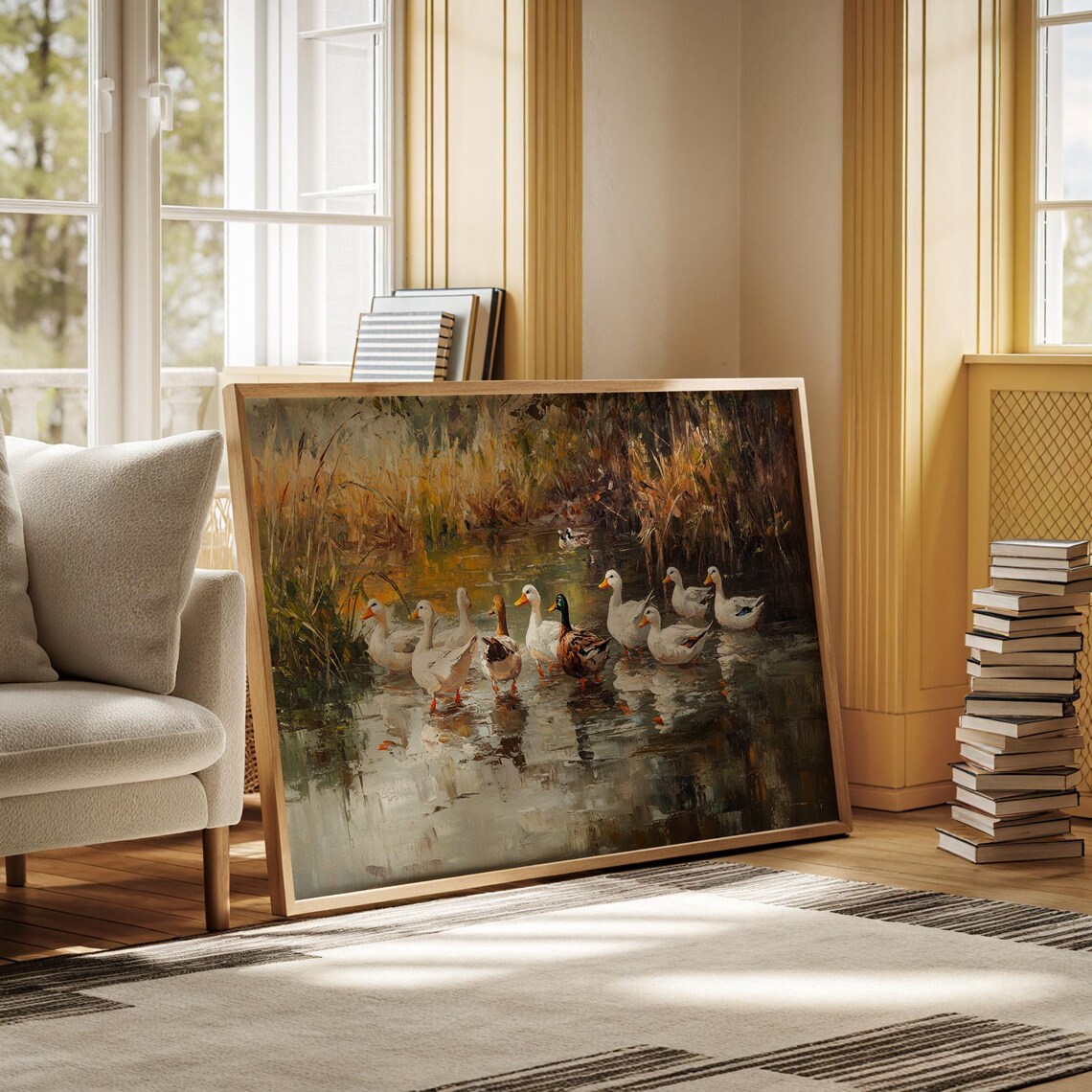 Country Duck Pond Painting, Rustic Autumn Landscape - Image 3