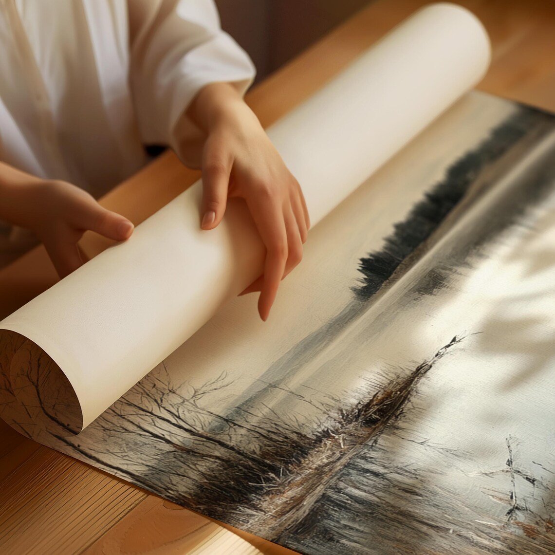 Serene Lake Landscape, Minimalist Nature Painting - Image 2
