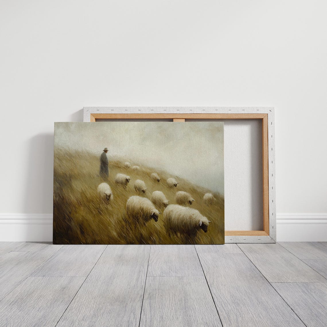 Shepherd With Sheep Flock Misty Golden Meadow Pastoral Landscape Print - Image 2