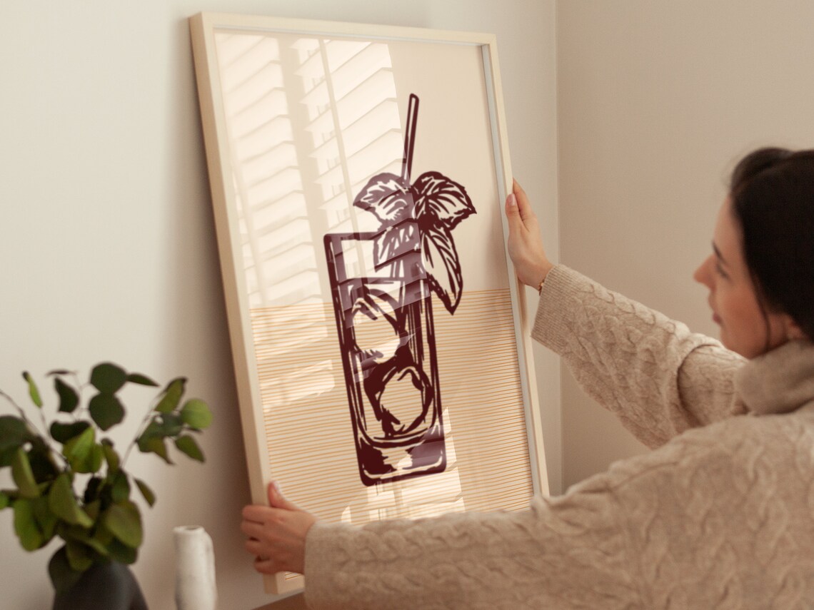 Minimalist Cocktail Glass Line Art Basil Straw Retro Kitchen Wall Poster - Image 4