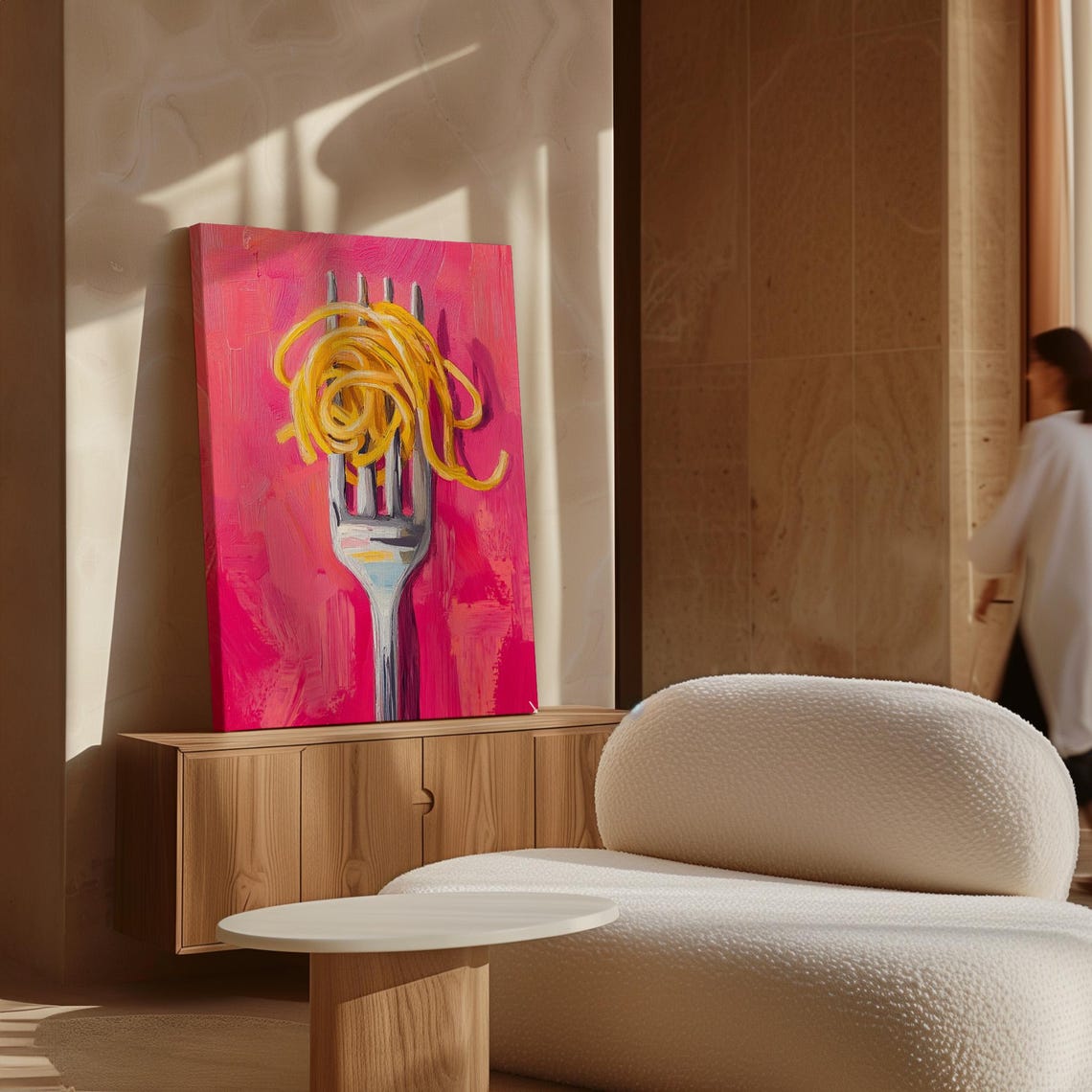 Fork With Golden Spaghetti Vibrant Hot Pink Modern Food Art Poster - Image 5