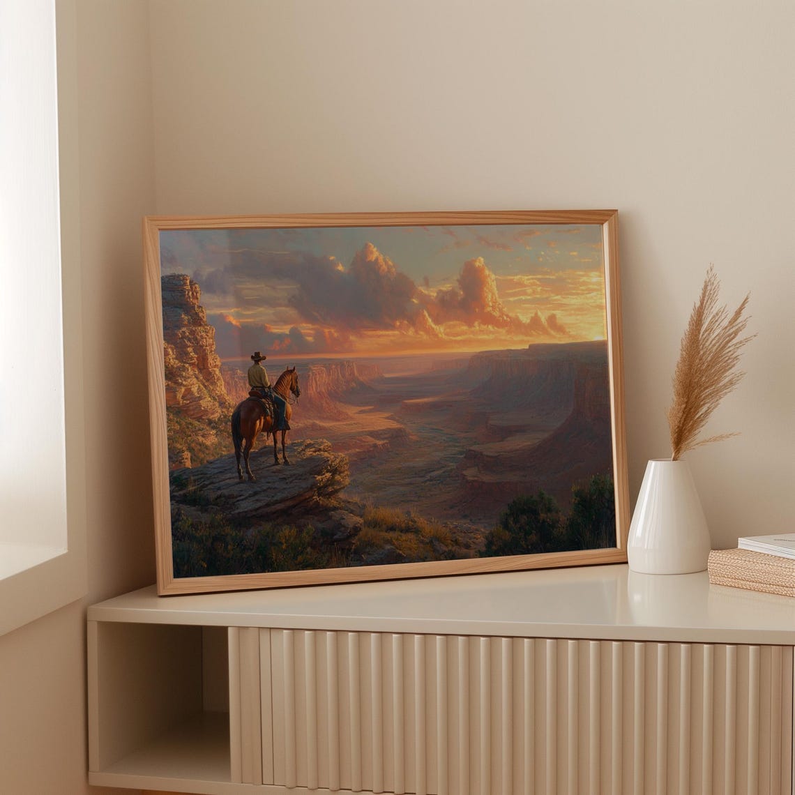 Lone Cowboy Overlooking Sunset Canyon Dramatic Western Horseback Landscape Wall Art Print Rugged Desert View Painting - Image 2