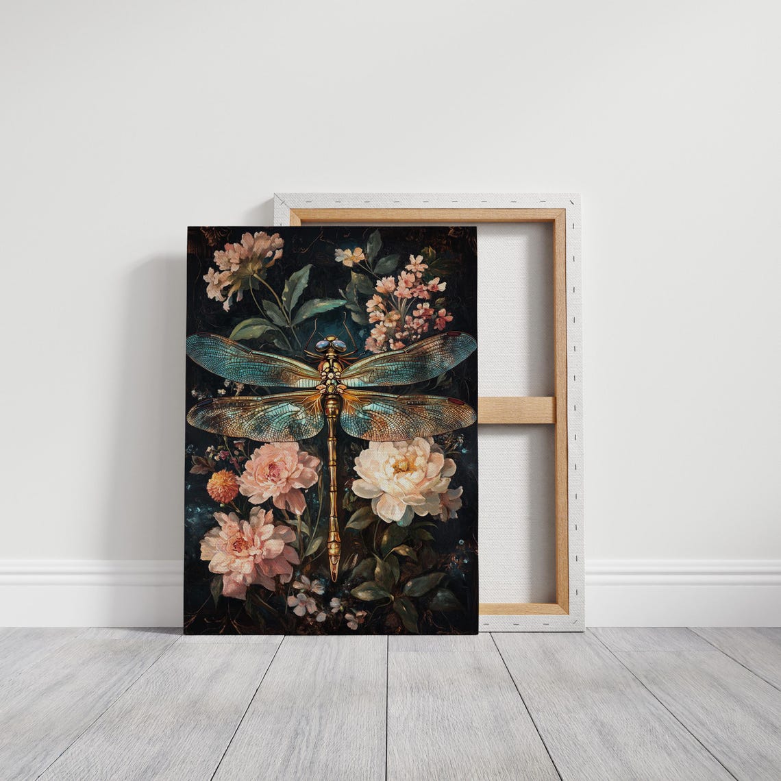 Golden Dragonfly Dark Floral Peony Botanical Gothic Wall Art Print - Image 4