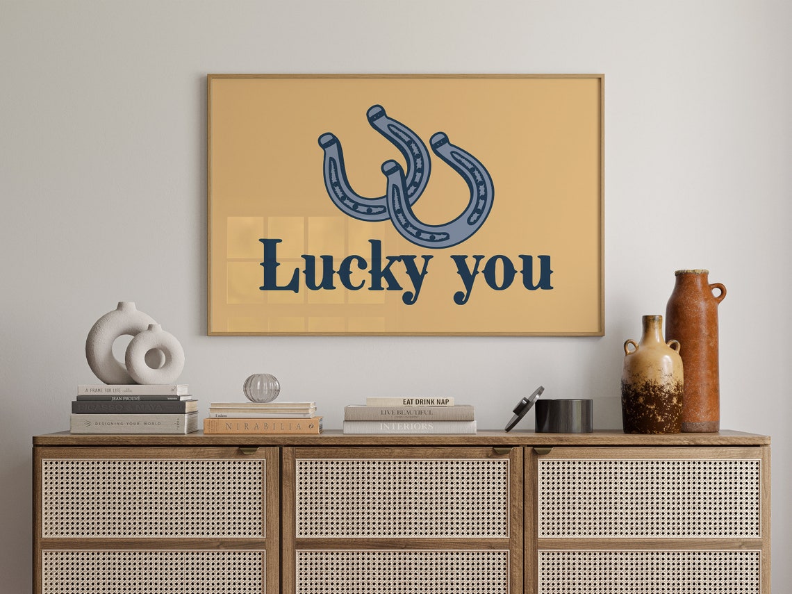 Lucky You Horseshoe Navy Western Typography Boho Quote Wall Art - Image 2