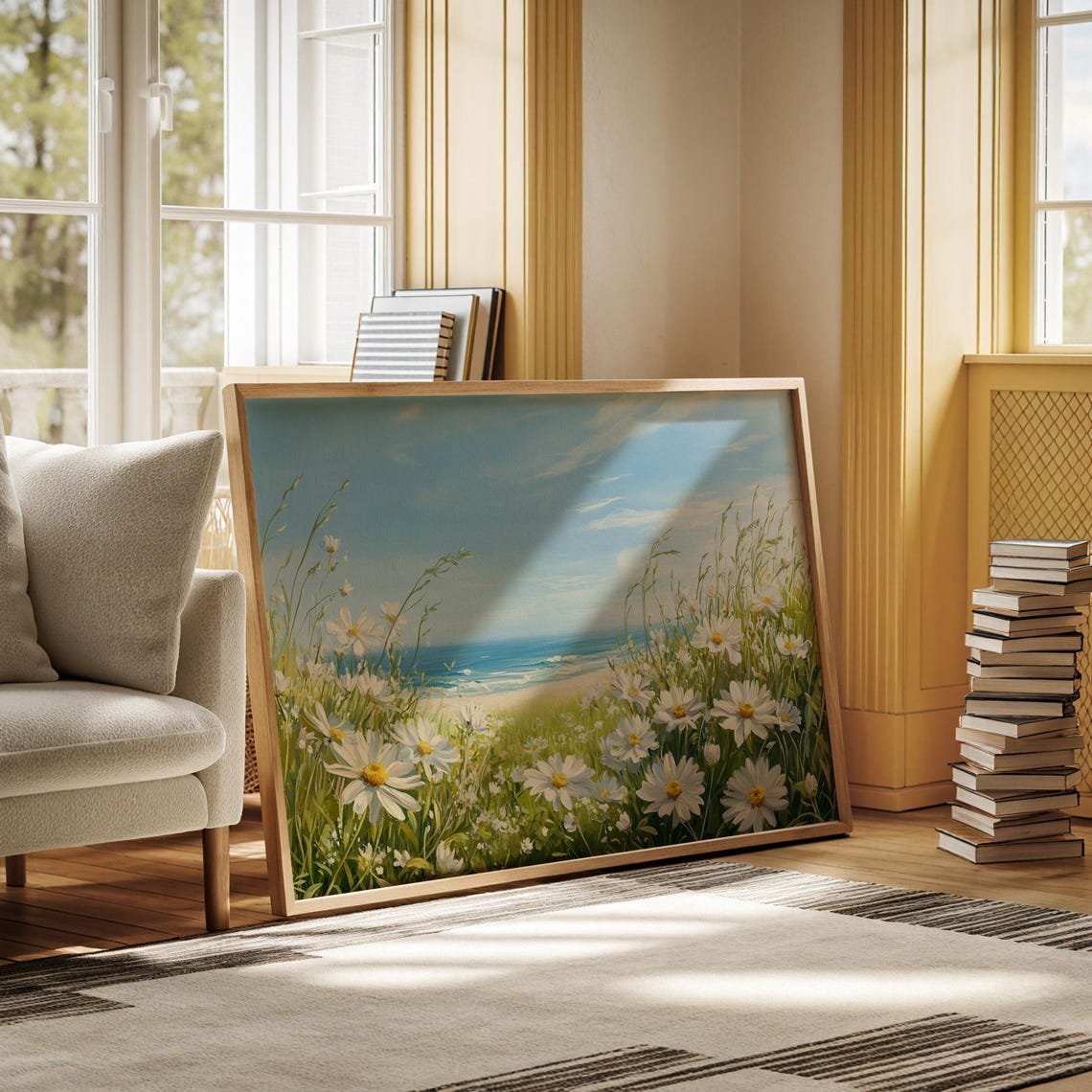 Coastal Daisy Meadow Ocean Blue Sky Serene Floral Landscape Poster - Image 4