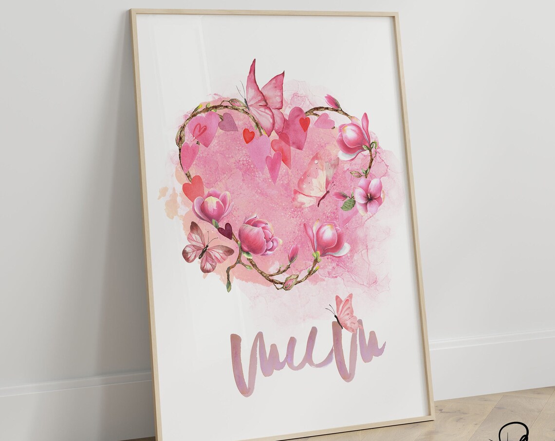Mum Pink Watercolor Flower Heart Butterflies Mothers Day Gift Poster