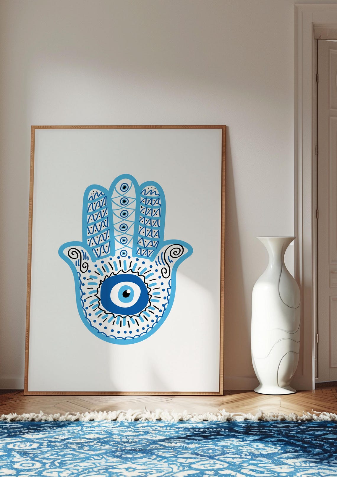 Blue Hamsa Hand Evil Eye Mandala Protection Symbol Art Print - Image 3