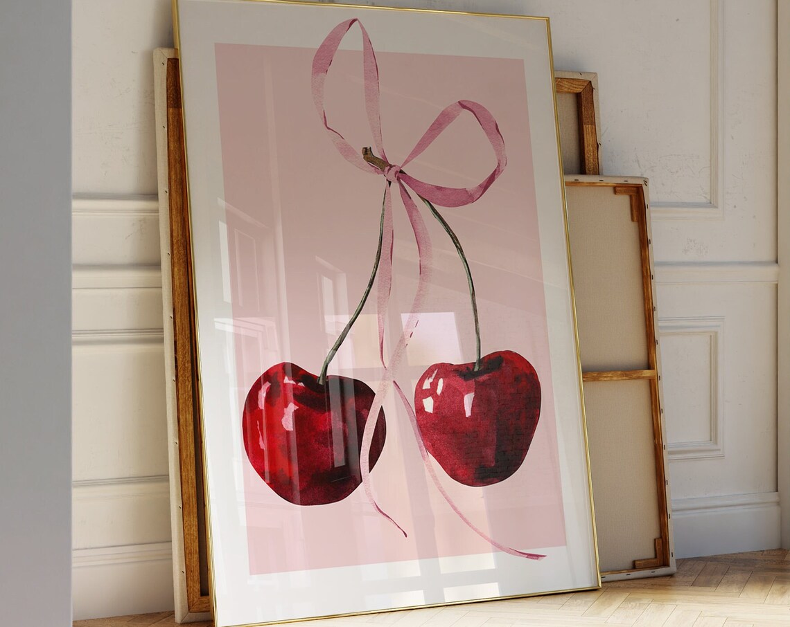 Pink Bow and Red Cherry Watercolor Art Print